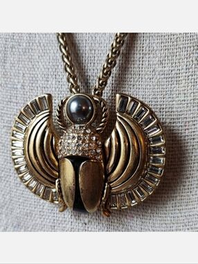 Lia Sophia Signed Egyptian Revival Scarab Winged Insect Necklace Pendant Brooch